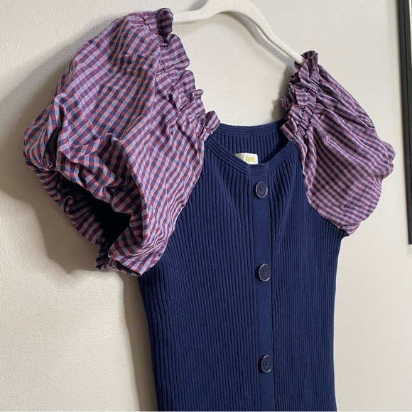 Anthropologie Maeve Navy Check Puff Sleeve Buttoned Sweater Dress Size Large - Picture 8 of 16